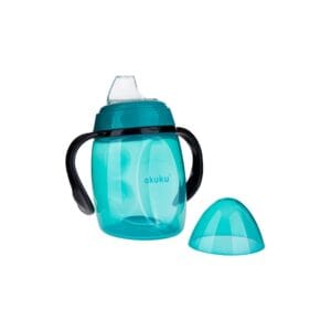 Cana cu cioc din silicon, 280 ml, Turcoaz, cu mânere și capac, 9 luni+  Akuku A0366