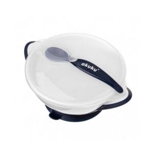 Castron cu ventuză, capac și linguriță Akuku A0503 White/Navy Blue – 300 ml